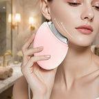 Model using EMS device in luxury bathroom lifestyle scene