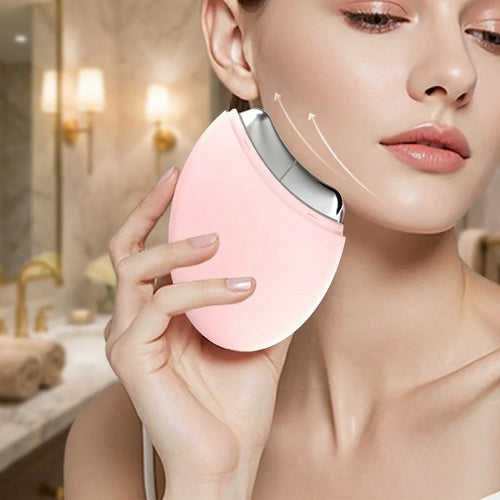 Model using EMS device in luxury bathroom lifestyle scene
